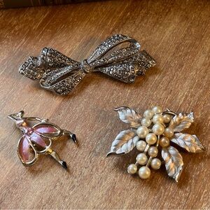 Vintage Silver Bow, Pearl and Leaf Cluster and Pink Ballerina Brooch Trio